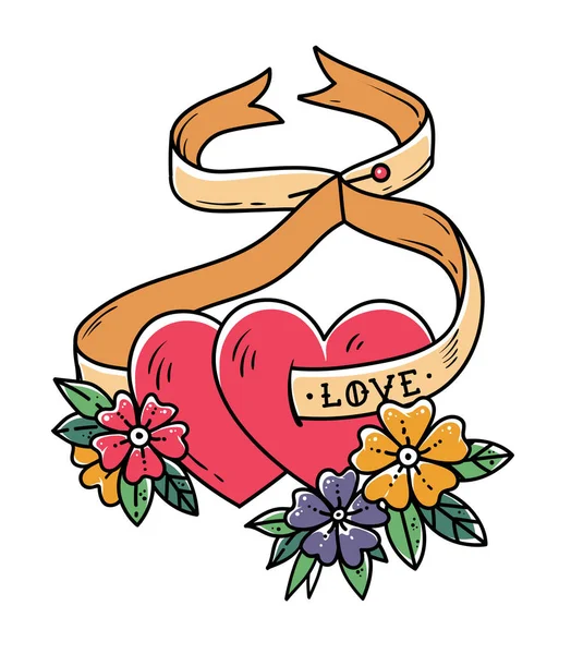 Dva milující srdce na svázané stuhou. Tetování design. Tetování srdce v květech. Stuha s nápisem Love.Valentines den — Stockový vektor
