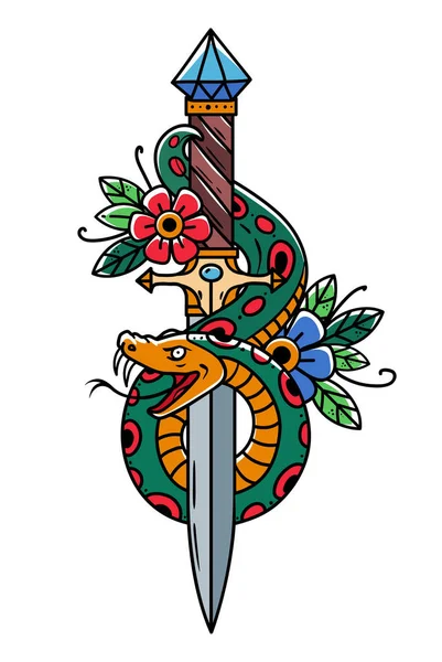 Daga de tatuaje vectorial con serpiente. Daga decorada con flores. La serpiente envuelve la antigua daga oriental. Vieja escuela — Archivo Imágenes Vectoriales