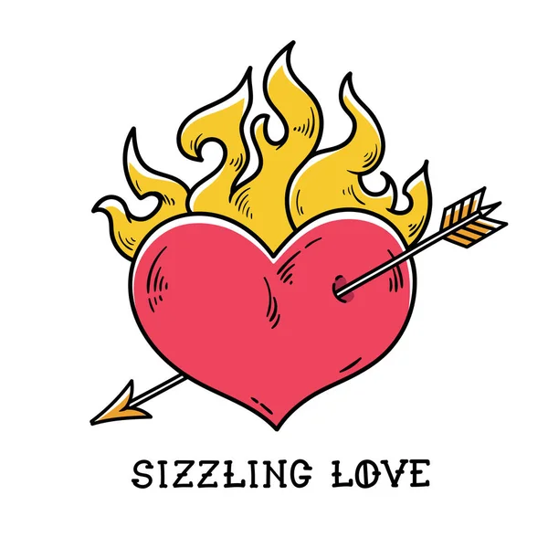 Tattoo flaming heart pierced by gold arrow. Sizzling love. Red burning heart. Passionate heart. Old-school styled tattoo — Stock Vector