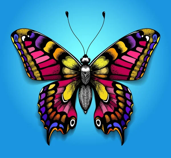 Schöne Tätowierung auf der Brust. heller bunter Schmetterling auf blauem Hintergrund. tropischer realistischer Machaon-Schmetterling. — Stockvektor