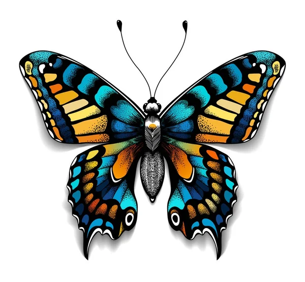 Прекрасне татуювання для ваших грудей. Блакитна метелик Махон. Тропічний реалістичний метелик з тіні. Жіночий символ — стоковий вектор