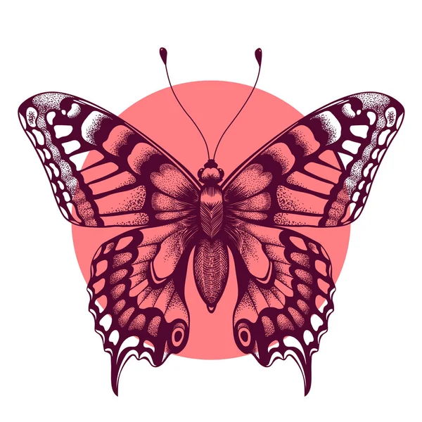 Schmetterling im rosa Kreis. schöner tätowierter Schmetterling. Symbol der unsterblichen Seele. Element Luft — Stockvektor
