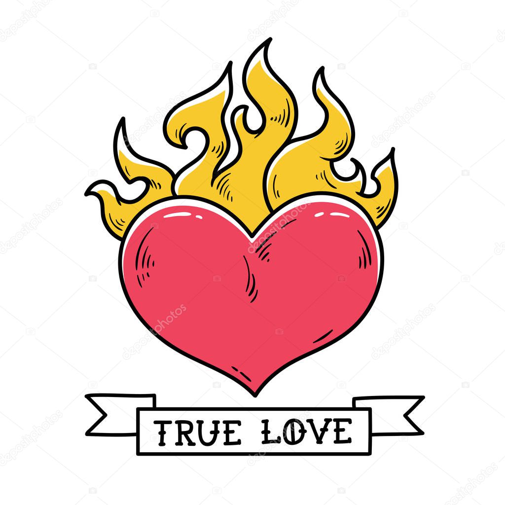 Flaming Heart Tattoo. True love. Red burning heart. Passionate heart. Old school styled tattoo of flaming heart.
