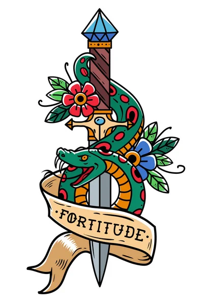 Vector tattoo dagger with green snake, flower, ribbon and lettering Fortitude. Snake wraps around old dagger. Old school — Stock Vector