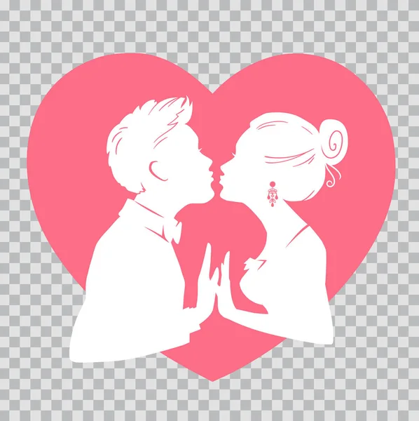 Homem e mulher beijando no fundo do coração vermelho.Silhuetas homem e mulher no fundo transparente para o Dia dos Namorados . — Vetor de Stock