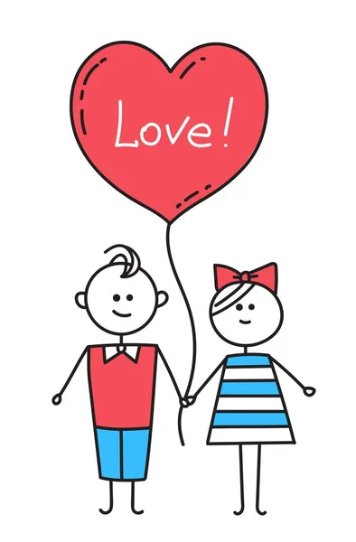 Kille och tjej hålla händer. Par i kärlek hålla rött hjärta med bokstäver Love. Glad Alla hjärtans-kort — Stock vektor