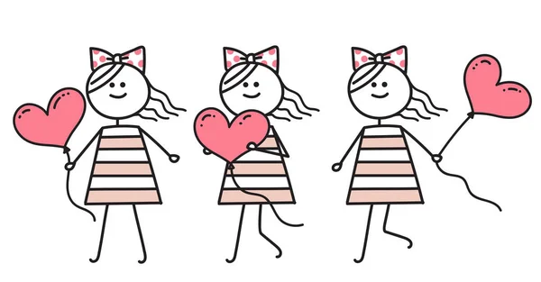 少女の愛ピンクの心で実行されています。ピンクのバルーンと走っている少女。幸せなバレンタイン カード面白い文字女の子 — ストックベクタ