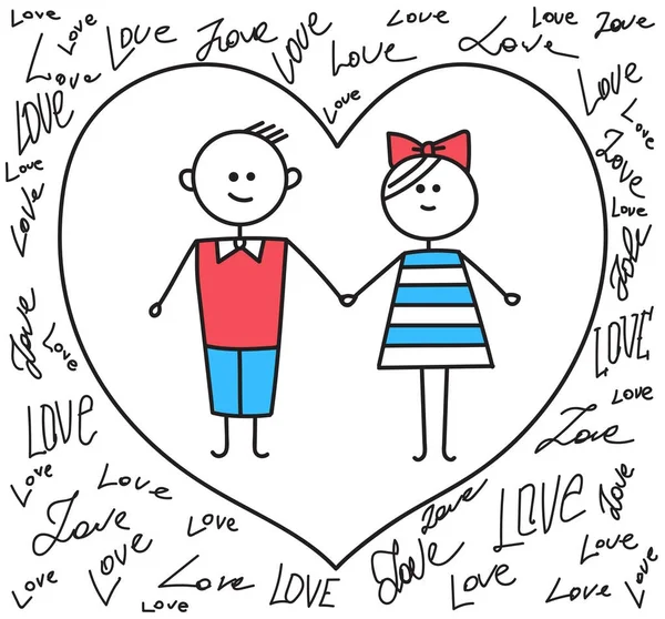 Glückliche Valentinskarte. Mann und Mädchen Händchen haltend. Urlaubskarte mit Herz, Liebespaar und Schriftzug — Stockvektor