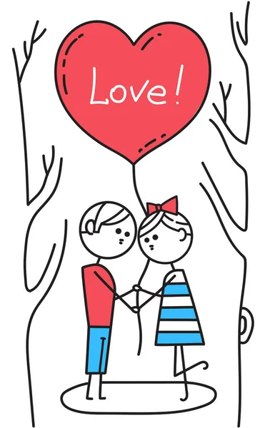 Happy Valentines Card. jongen en meisje kussen in park. Liefhebbers die houden van rood hart vormige ballon met inscriptie liefde — Stockvector