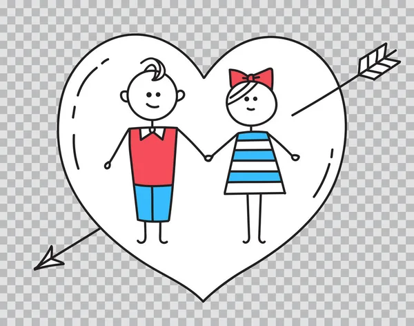 Guy,girl holding hands with heart pierced by arrow — Stock Vector