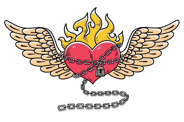 Corazón volador en cadenas de amor. Tatuaje de corazón en llamas. Corazón amoroso encadenado. Corazón del tatuaje enrojecido de amor . — Vector de stock