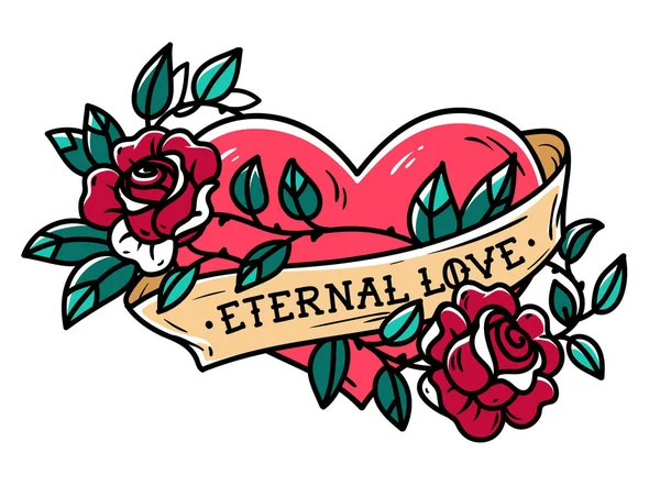 Corazón entrelazado en el tatuaje de rosa trepadora. Corazón de tatuaje con cinta y rosas. Amor eterno. Para siempre el amor — Archivo Imágenes Vectoriales