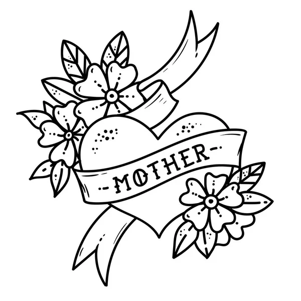 Tätowierung Herz mit Schleife, Blumen und Schriftzug Mutter ohne Farb.old school retro illustration.black and white tattoo — Stockvektor