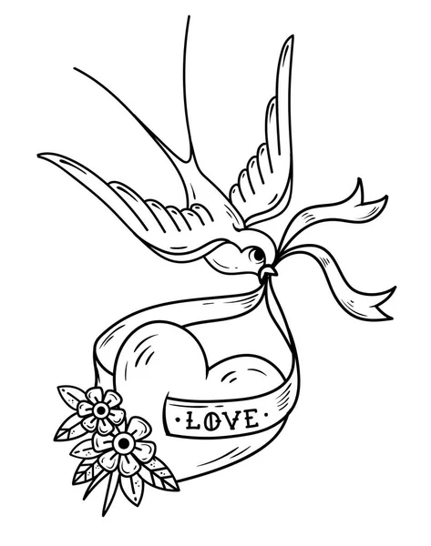 La golondrina lleva el corazón en cinta con letras Amor. Tatuaje blanco y negro. Estilo de la vieja escuela . — Vector de stock