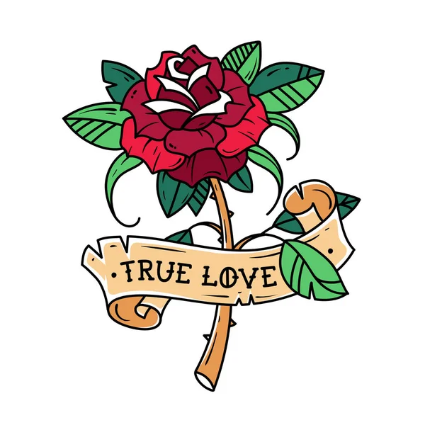 Tetoválás vörös rózsa, szalaggal. Szenvedély szerelem. Rose csomagolva szalag, alatta a felirat az igaz szerelem. Old School design — Stock Vector
