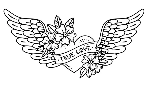 Corazón volador de tatuajes con alas. Corazón de tatuaje con cinta y flores. Verdadero amor. Ilustración en blanco y negro — Vector de stock