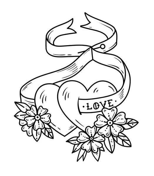Dos corazones amorosos atados con cinta. Corazones de tatuaje en flores. Amor. Ilustración en blanco y negro para el Día de San Valentín . — Archivo Imágenes Vectoriales