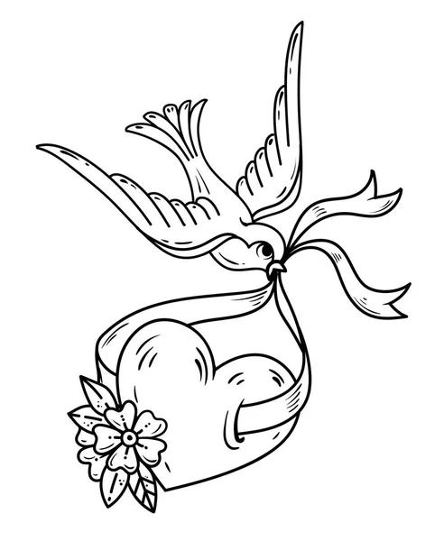 Ластівка несе серце на стрічці. Татуювання серця з квітами та птахами. Символ удачі. Чорно-біле татуювання — стоковий вектор