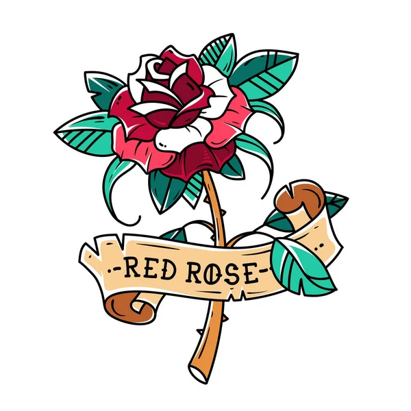 Tattoo red rose with ribbon. Symbol of passion love.Rose is wrapped in ribbon. Old School style — Stock Vector