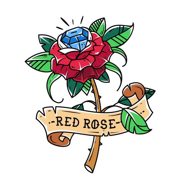Tattoo red rose with blue gem inside. Passion love. Brilliant. Symbol of love. Rose is wrapped in ribbon.Old School — Stock Vector