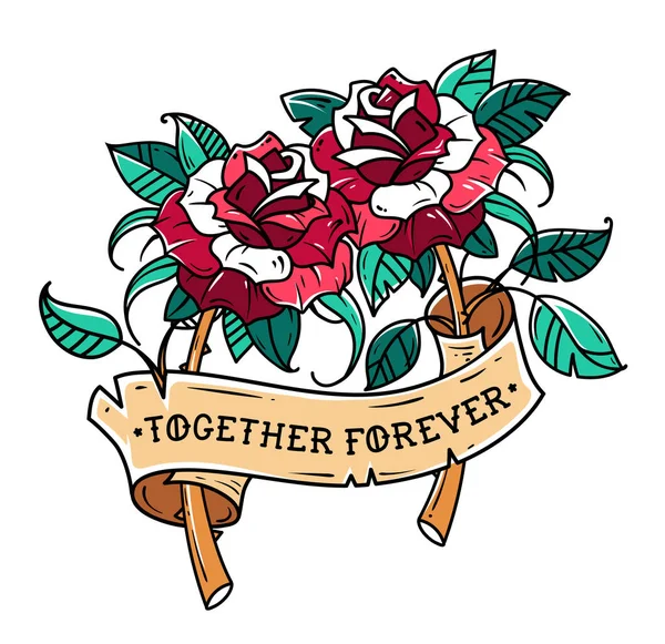 Tetování dva rudých růží s mašlí. Symbolem vzájemné lásky. Růže je zabalena v pásu s nápisy spolu navždy. — Stockový vektor