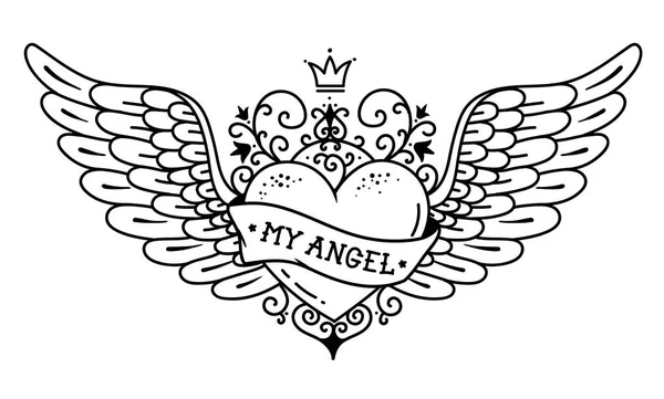 Corazón volador del tatuaje con corona y adorno forjado.Corazón del tatuaje con alas, cinta y flores. MI ÁNGEL.Blanco y negro — Vector de stock