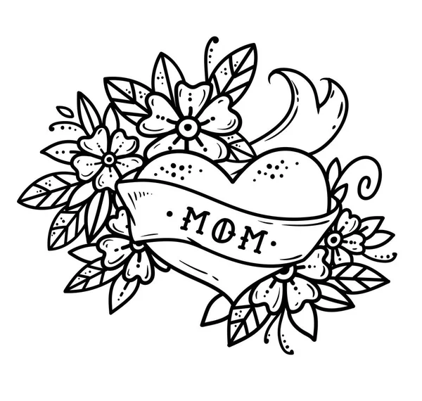 Corazón del tatuaje con la cinta, flores y letras MOM sin color.Old escuela retro illustration.Black y blanco tatuaje — Vector de stock