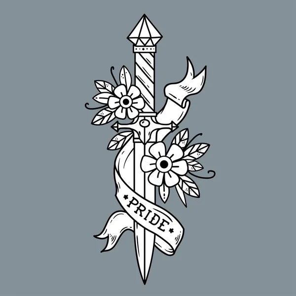 Daga de tatuaje vectorial con flores y codorniz. Orgullo — Vector de stock