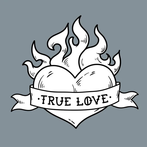 Tatuaggio cuore fiammeggiante con nastro. Vero amore . — Vettoriale Stock