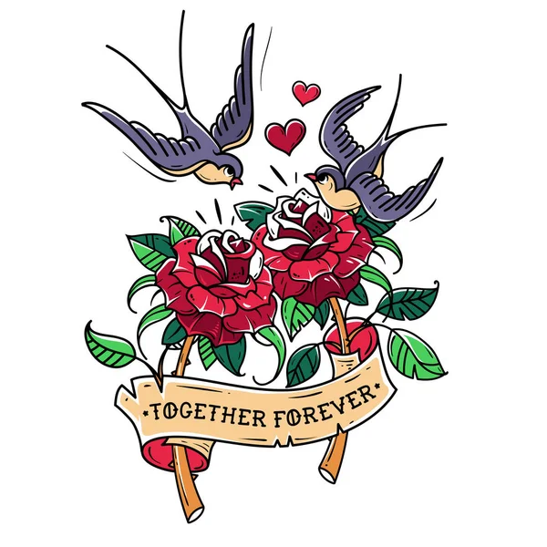 Las golondrinas del tatuaje vuelan sobre dos rosas. Amor para siempre — Archivo Imágenes Vectoriales