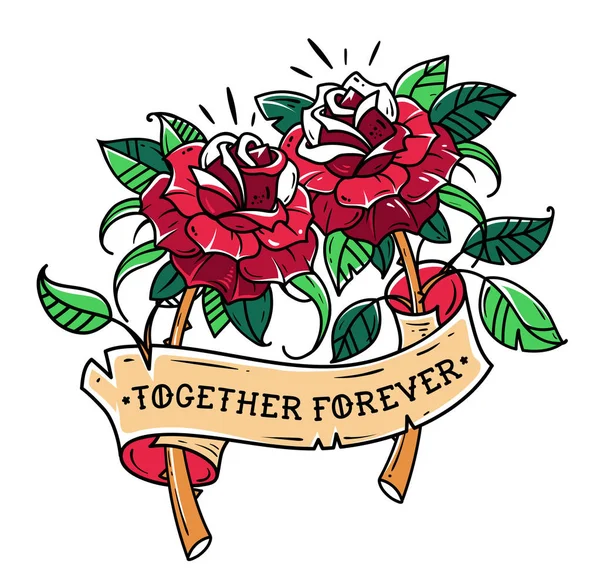 Tetování dva rudých růží s mašlí. Vzájemná láska. — Stockový vektor