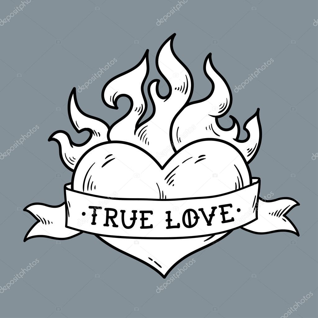 Flaming Heart Tattoo with ribbon. True love.