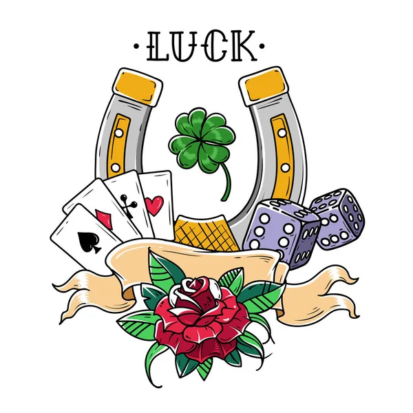 Tattoo horseshoe with playing cards, dice, rose and shamrock clover. Good Luck tattoo. Symbol of luck in gambling — Stock Vector