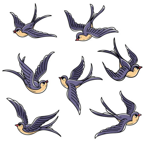 Set van vliegende zwaluwen. Vrije vogels. Symbool van hoop, geluk, vroege terugkeer naar huis — Stockvector