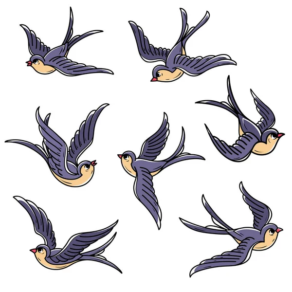 Juego de golondrinas voladoras. Pájaros libres. Símbolo de esperanza, suerte, regreso temprano a casa — Vector de stock