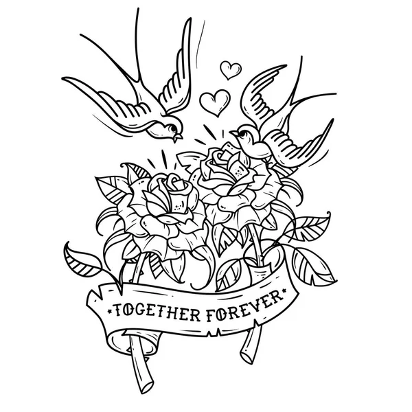 Las golondrinas del tatuaje vuelan sobre dos rosas. Amor para siempre. Ilustración en blanco y negro — Archivo Imágenes Vectoriales