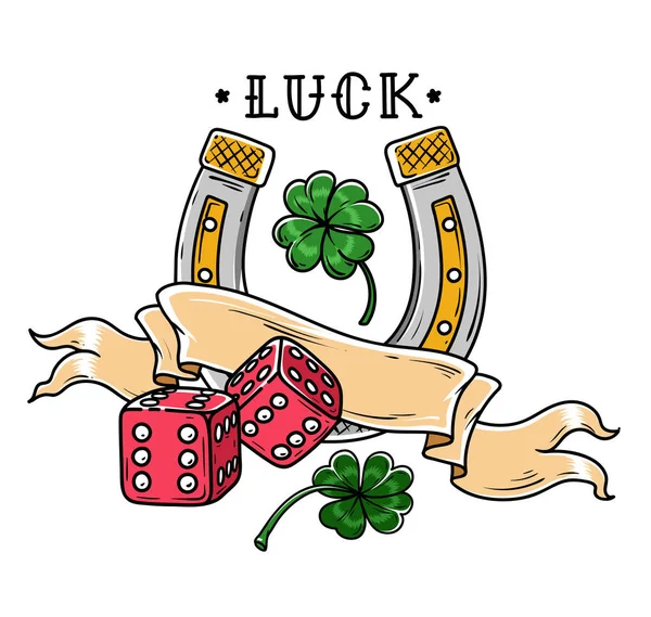 サイコロ、リボン、シャムロックのクローバーと馬蹄形を入れ墨。良い運のタトゥー。人生とギャンブル運の象徴. — ストックベクタ