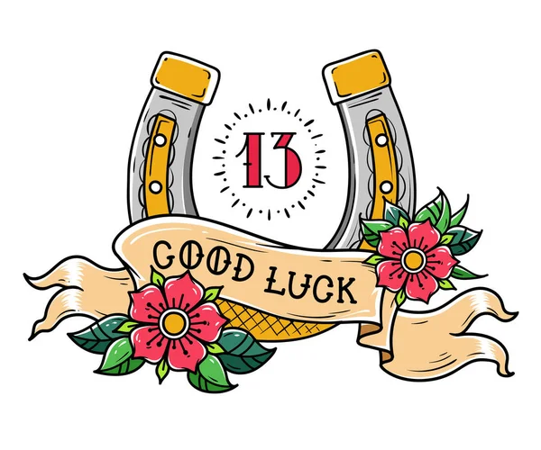 Tattoo gouden Hoefijzer met bloemen, mystieke nummer 13 en lint met belettering Good Luck. — Stockvector