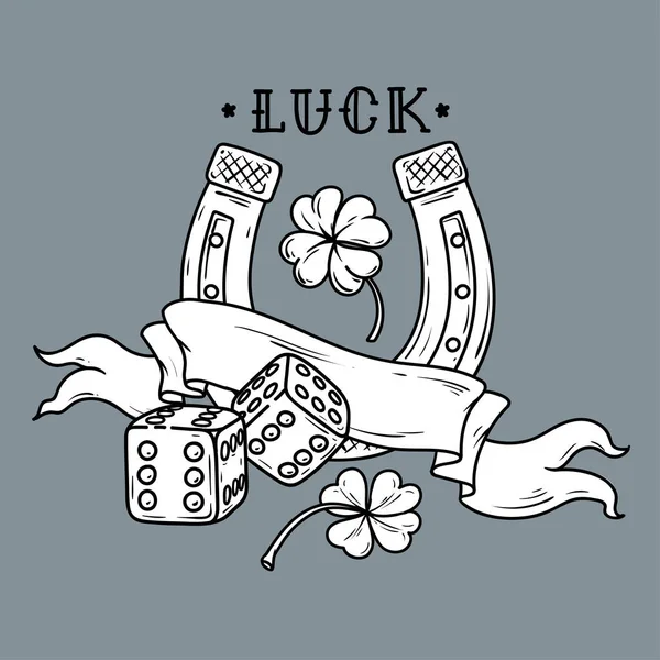Horseshoe with dice, shamrock clover. Luck tattoo — Stock Vector