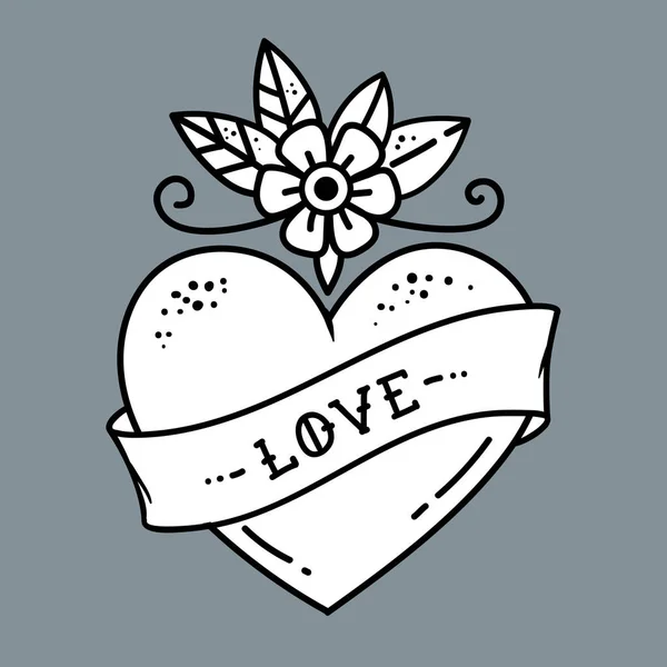 Çiçek ve kurdele ile kalp dövme. Aşk sembolü. — Stok Vektör