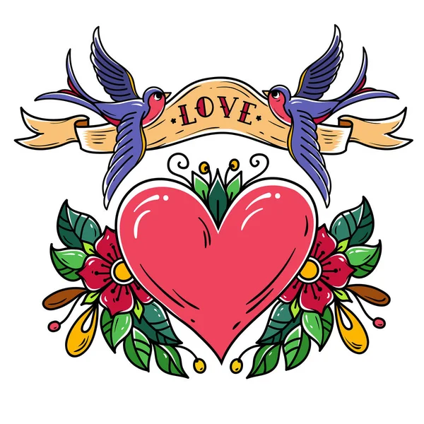 Rood hart versierd met bloemen. Twee bluebirds voeren lint met liefde over hart belettering. Old school tattoo. — Stockvector