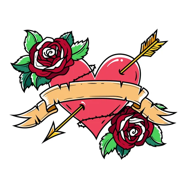 Srdce červené tetování propíchnutí se stuhou a růžemi. Symbolem lásky a vášně — Stockový vektor