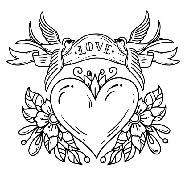 Dois pássaros azuis carregam fita com letras AMOR sobre coração. Coração vermelho decorado com flores. Tatuagem em preto e branco — Vetor de Stock