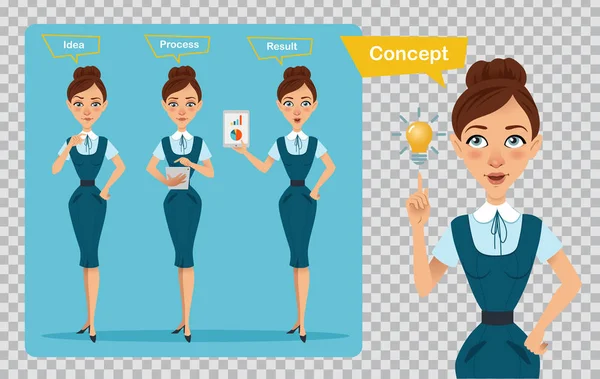 Conjunto de personajes de mujeres de negocios. Tres poses. La mujer tiene una idea. Ilustración sobre fondo transparente — Vector de stock