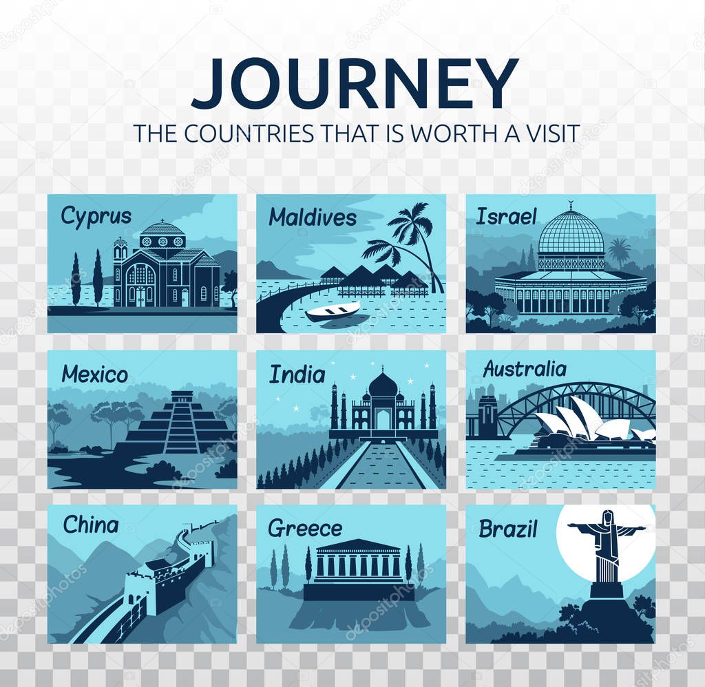 Set of flat travel icons with different countries.