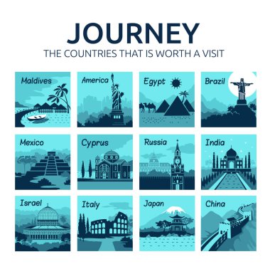 Flat travel banners. Countries and capitals clipart