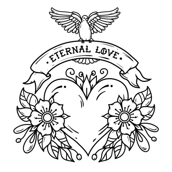 Corazón con flores, cinta y paloma blanca. Amor Eterno. Tatuaje de la vieja escuela. Ilustración en blanco y negro — Vector de stock