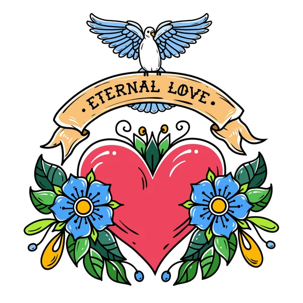 Corazón rojo con flores, cinta y paloma blanca. Amor Eterno. Tatuaje de vieja escuela . — Vector de stock