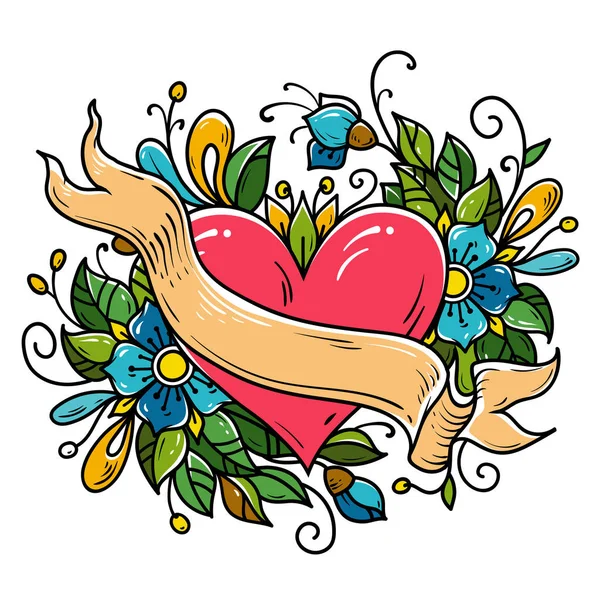 Tattoo rood hart ingericht lint, blauwe bloemen, bladeren, krullen. Vakantie illustratie voor Valentines Day.Old school tatoeage — Stockvector