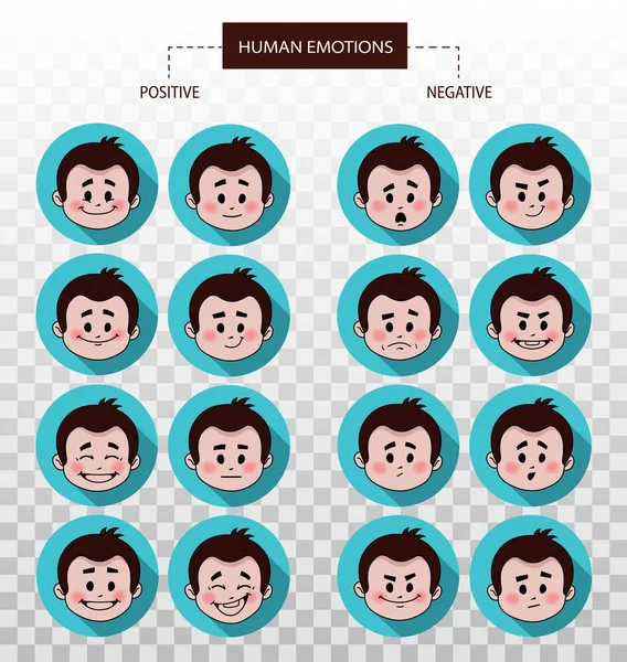Conjunto de iconos planos con expresiones faciales de personas.Conjunto de emociones masculinas positivas y negativas.Atractivo personaje de dibujos animados — Vector de stock